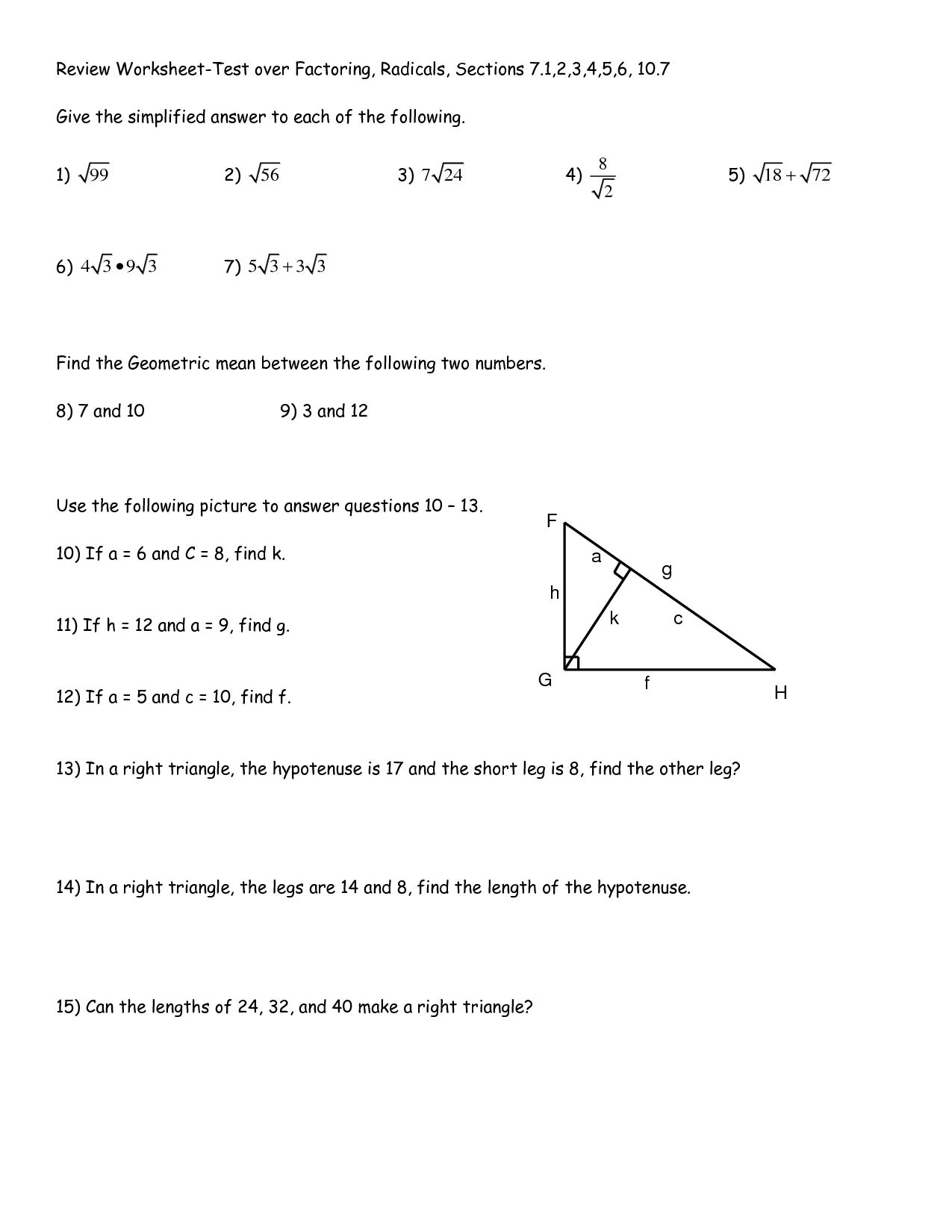 9 Geometric Mean Right Triangles Worksheets Worksheeto