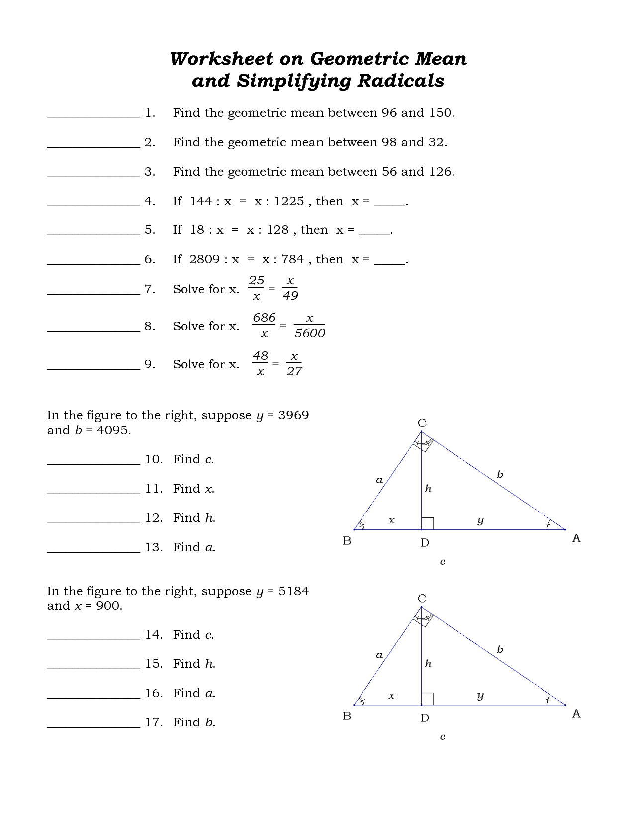 9 Geometric Mean Right Triangles Worksheets Worksheeto