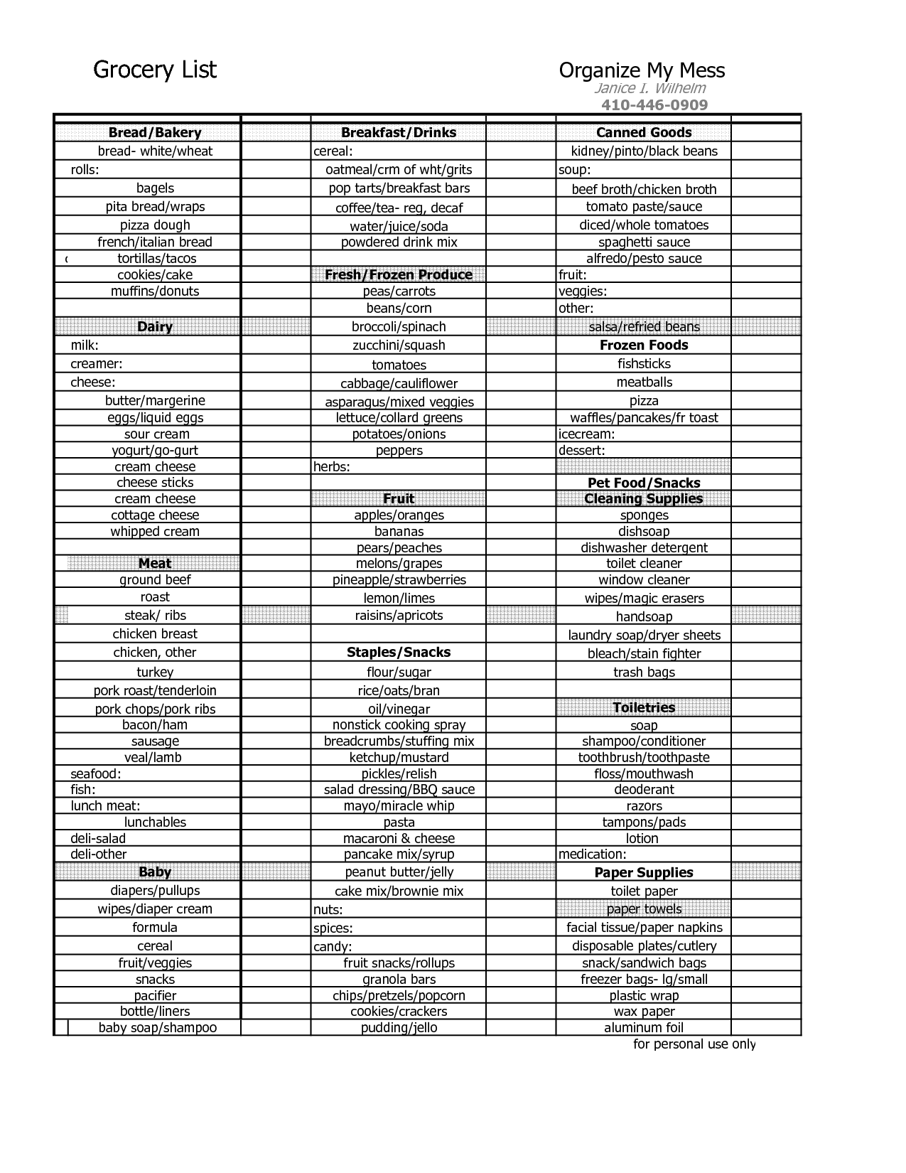 Grocery Shopping List Worksheet