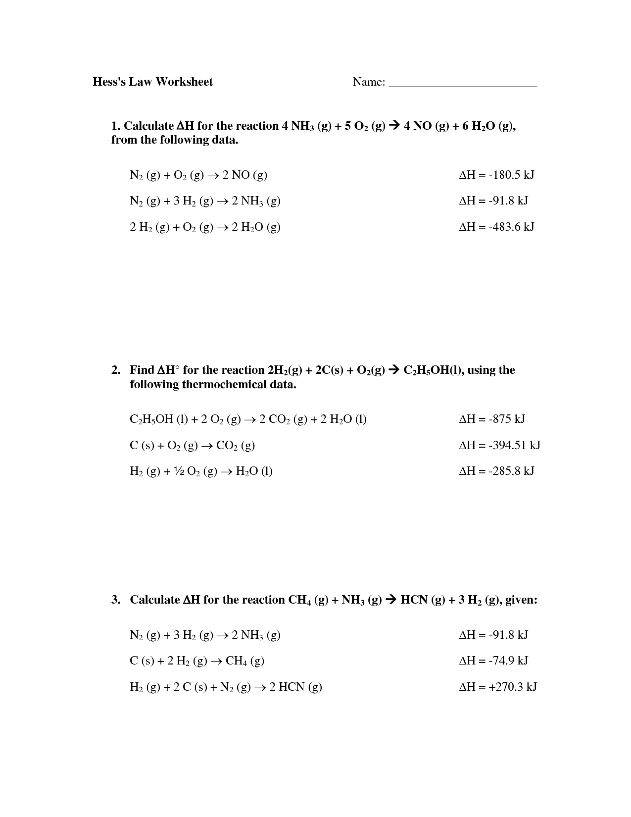 Hesss Law Worksheet Answer Key