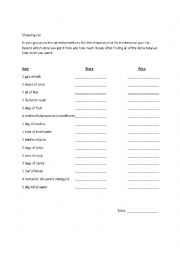 Life Skills Grocery Shopping Worksheet