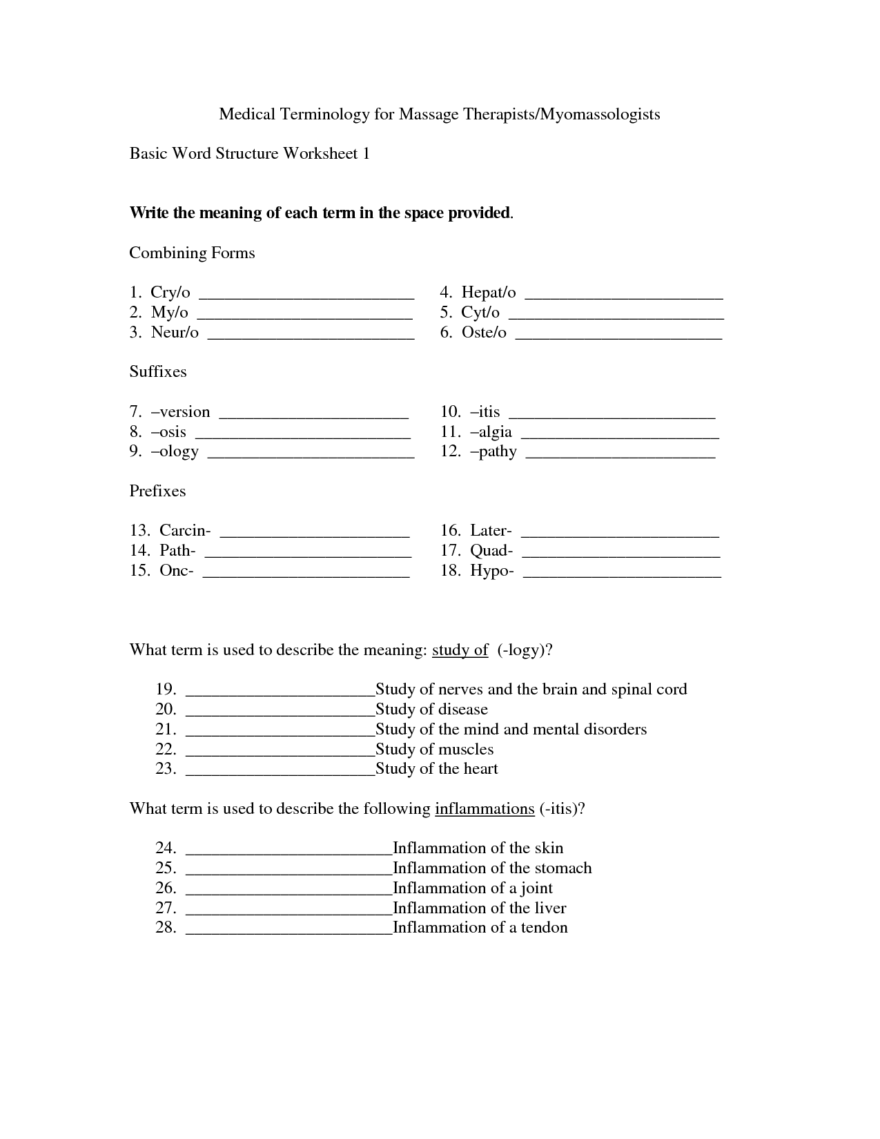 Medical Terminology Worksheets