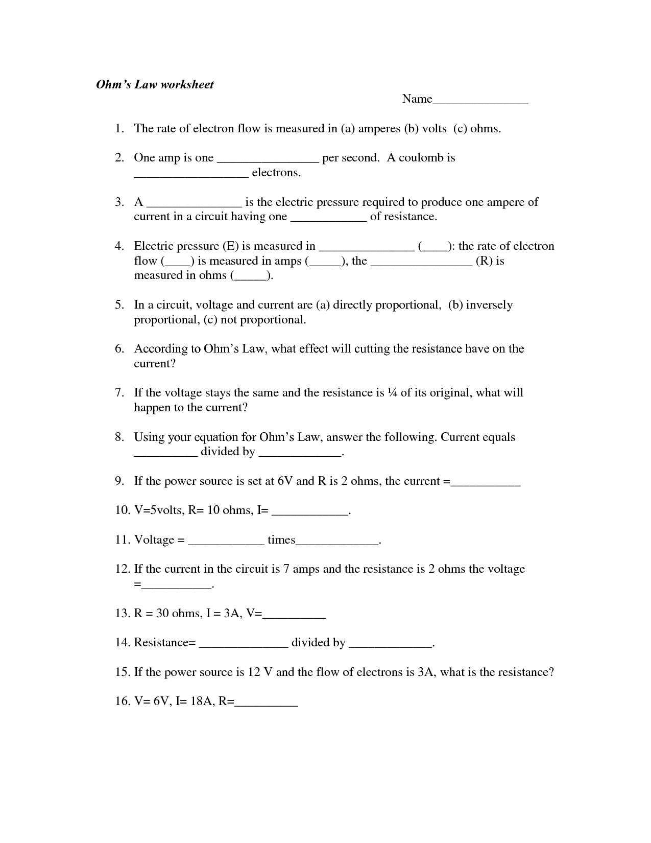 Ohms Law Practice Problems Worksheet with Answers