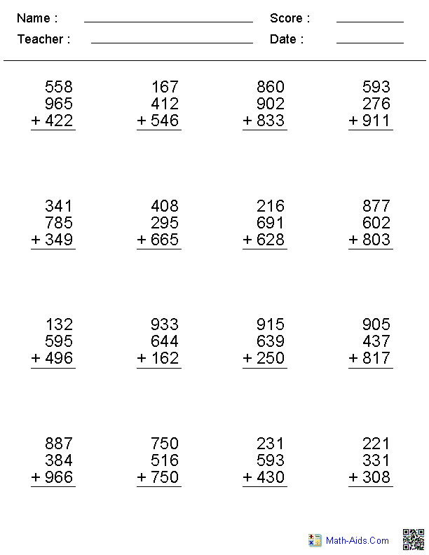 Addition Worksheets Grade 3