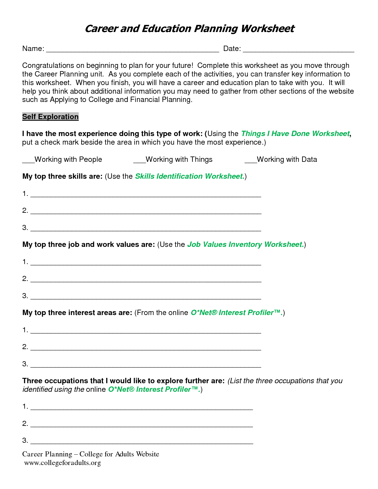 Career Exploration Worksheets Printable For Adults