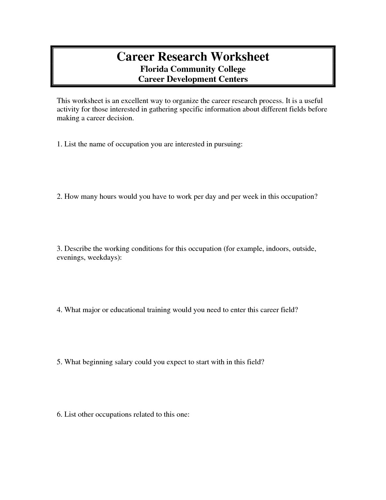 Career Research Worksheet High School