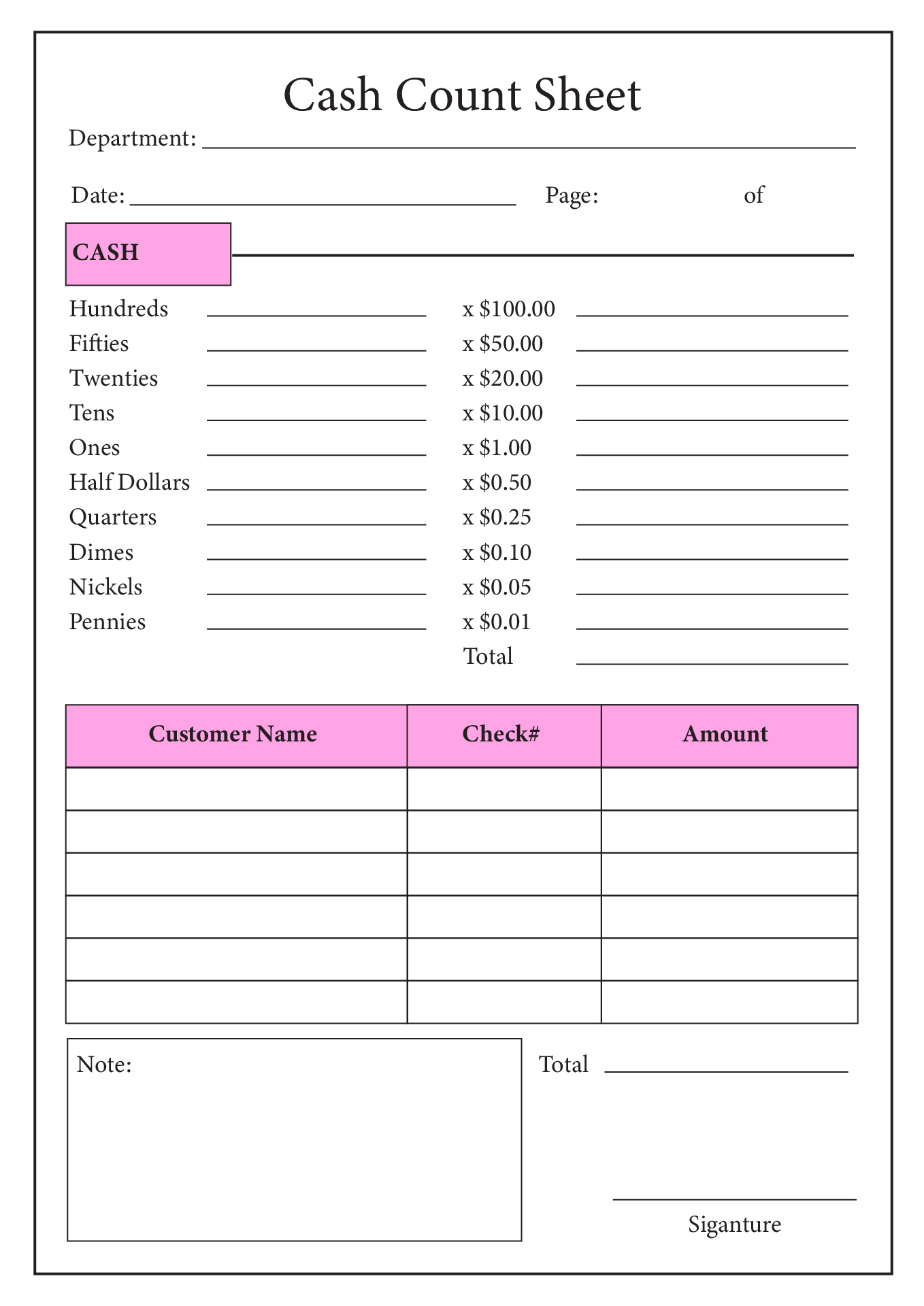 Cash Count Sheet Template