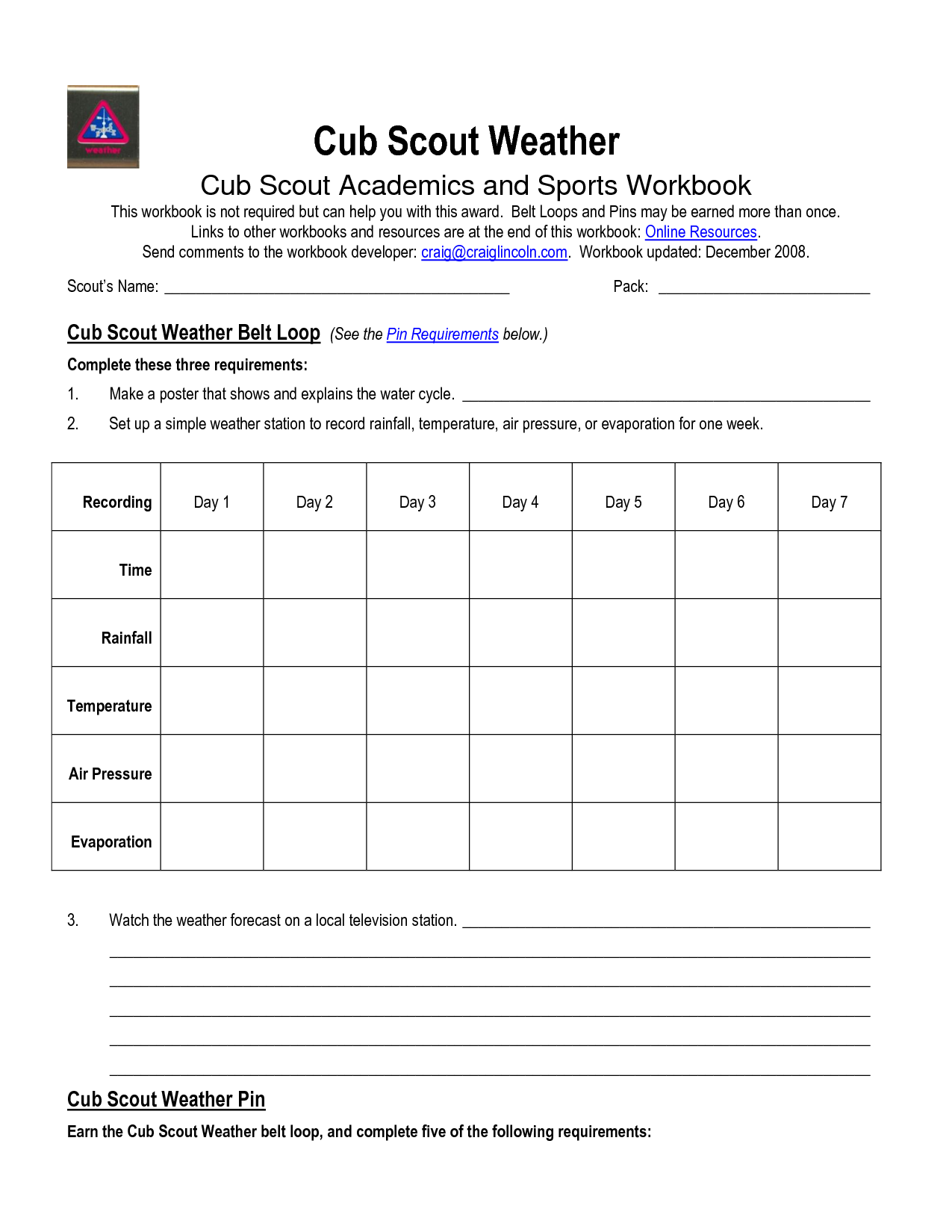 Cub Scout Belt Loop Chart