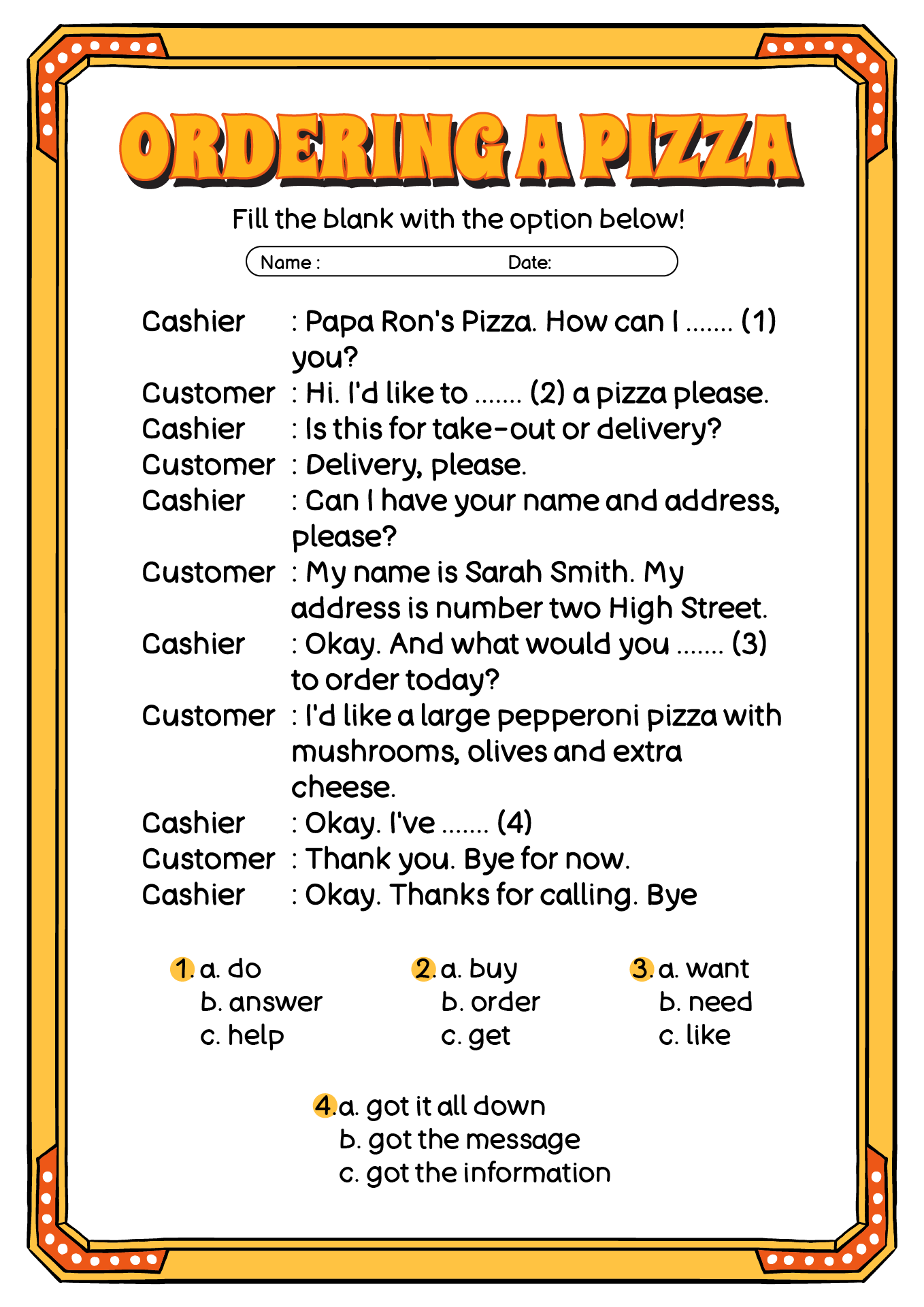 ESL Telephone Conversation Worksheet