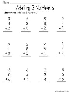 First Grade Worksheets Adding 3 Numbers