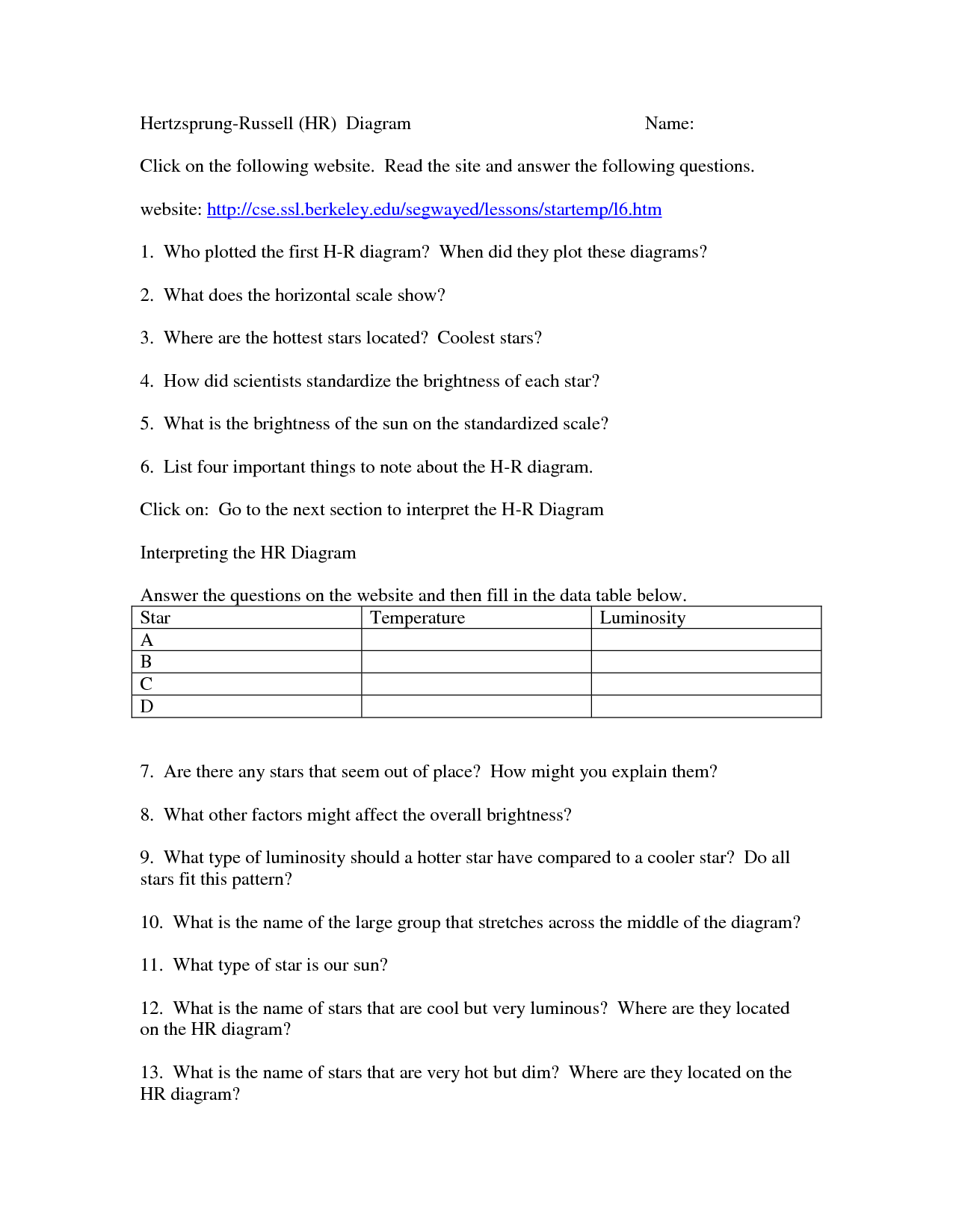 Hertzsprung-Russell Diagram Worksheet Answers