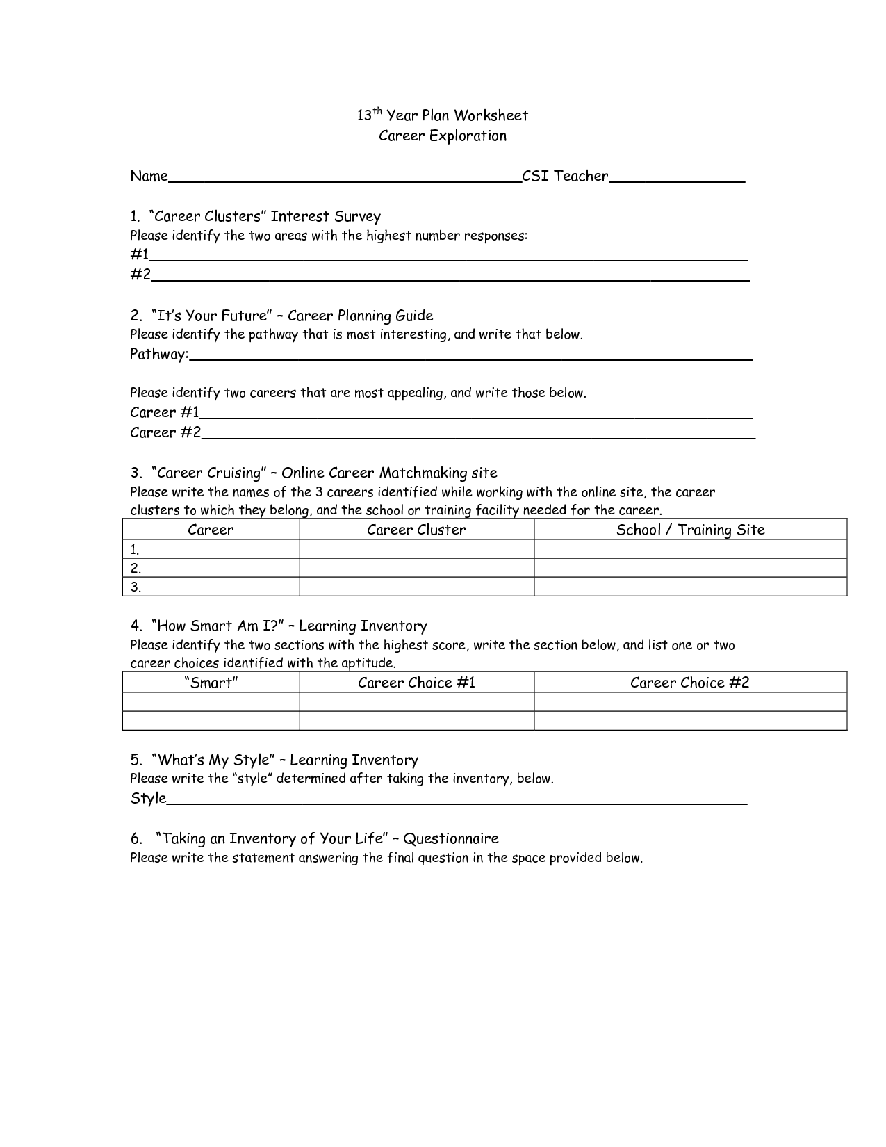 High School Career Planning Worksheet