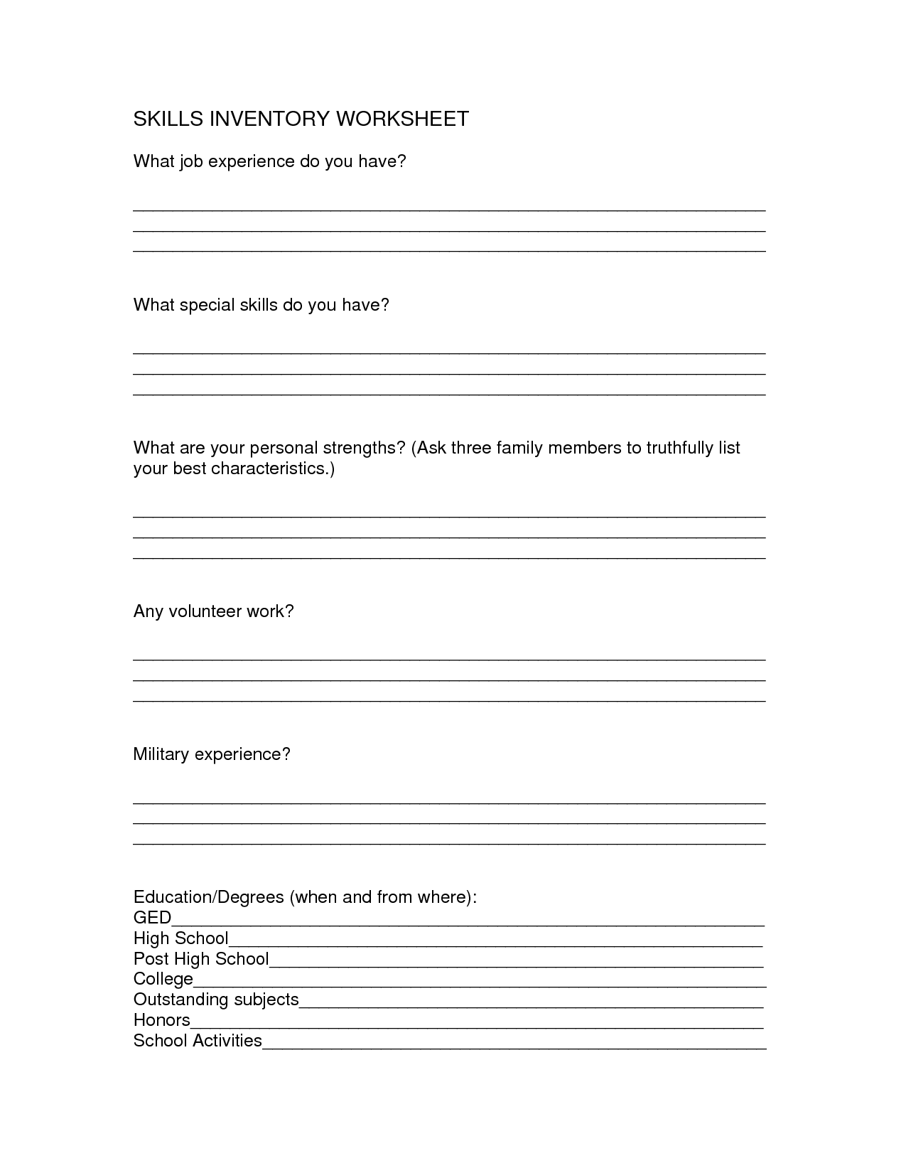 Job Skills Inventory Worksheet