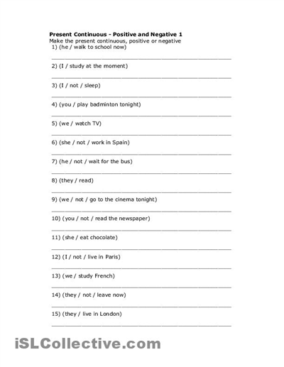 Present Continuous Worksheet