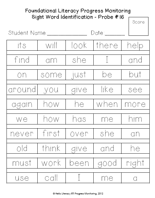 Sight Words Progress Monitoring