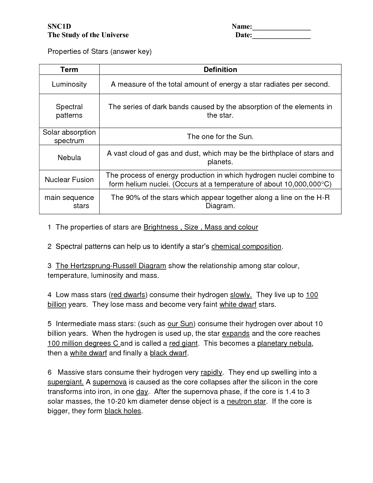 Stars and the HR Diagram Worksheet Answer Key