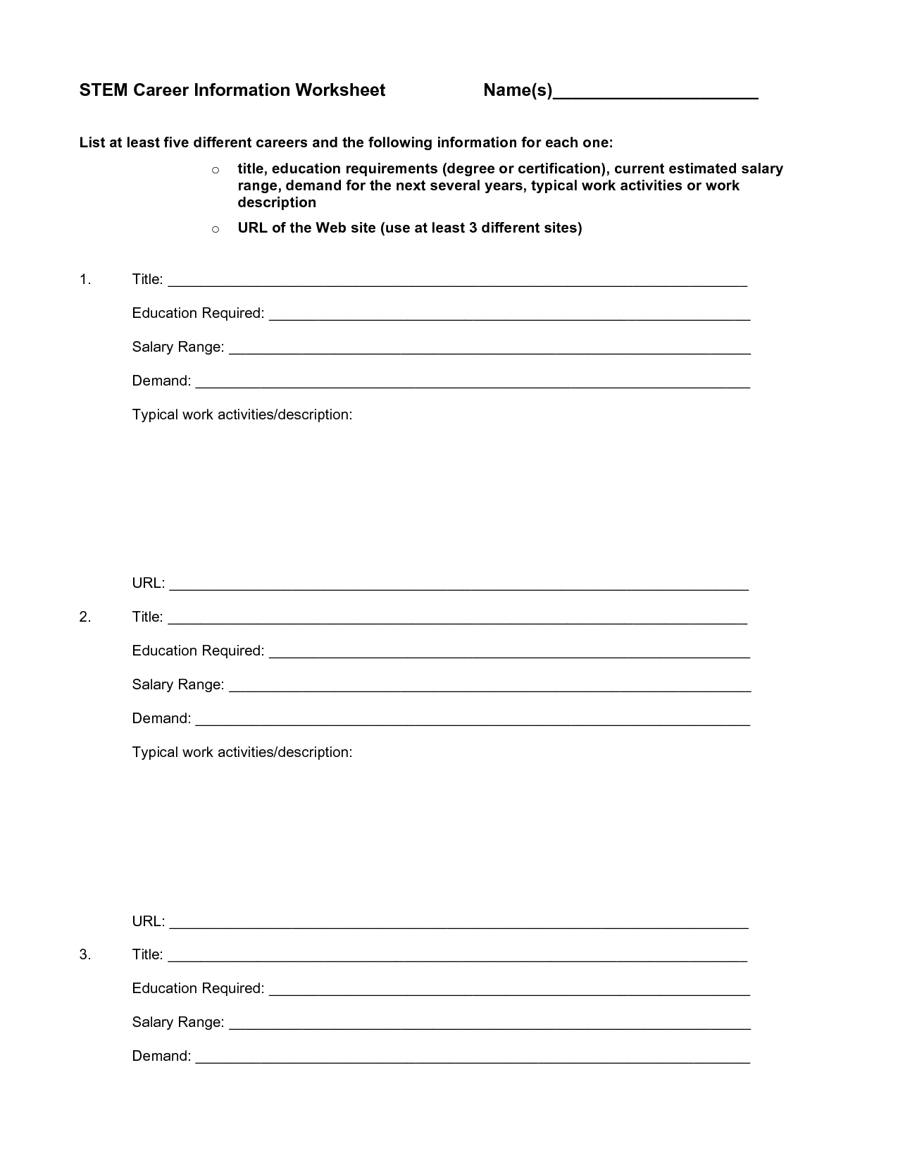 Stem Careers Worksheet