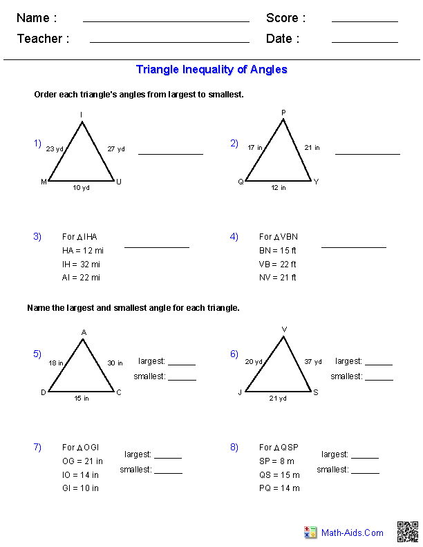 Triangle Inequality Theorem Worksheet