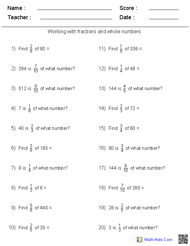 Whole Number Fraction Worksheet