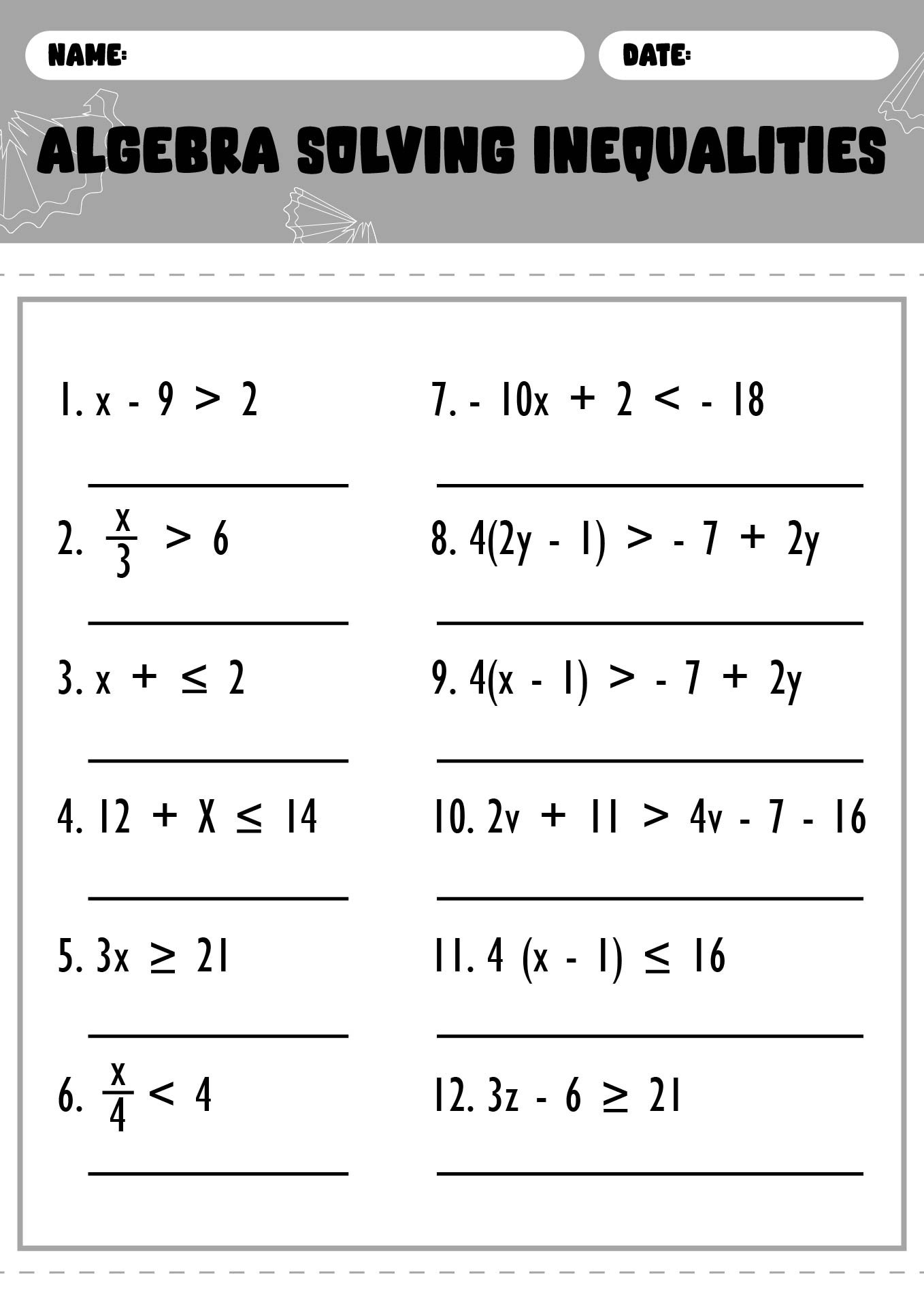 Algebra 1 Inequalities Worksheets Printable