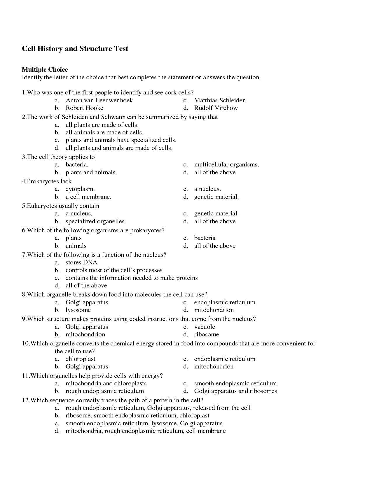 Cells and Their Organelles Worksheet Answers