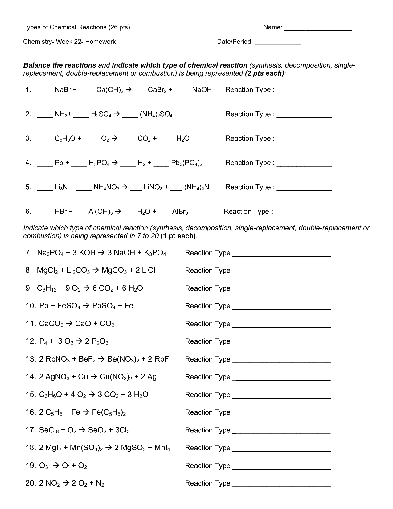 14 Chemical Reactions Worksheet Worksheeto