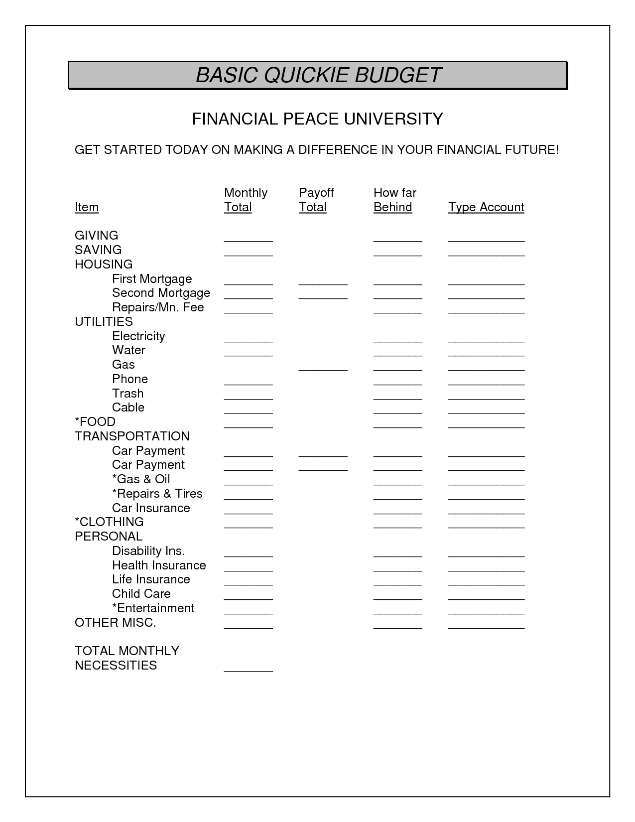 Financial Peace Budget Worksheet
