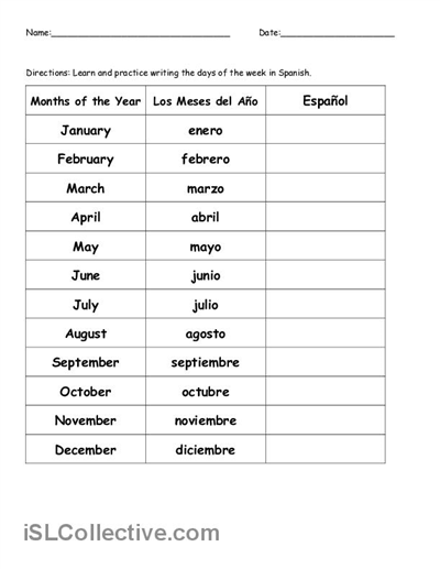 Free Printable Spanish Worksheets Months