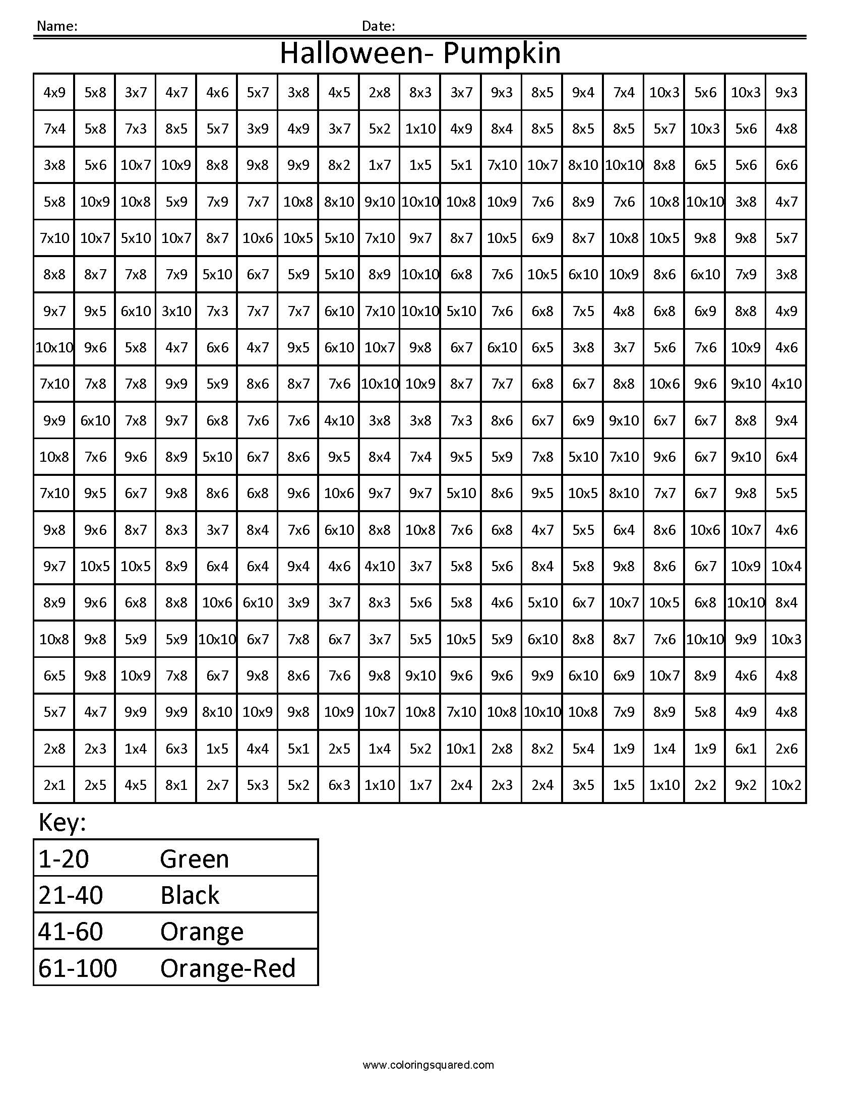 Multiplication Coloring Sheets