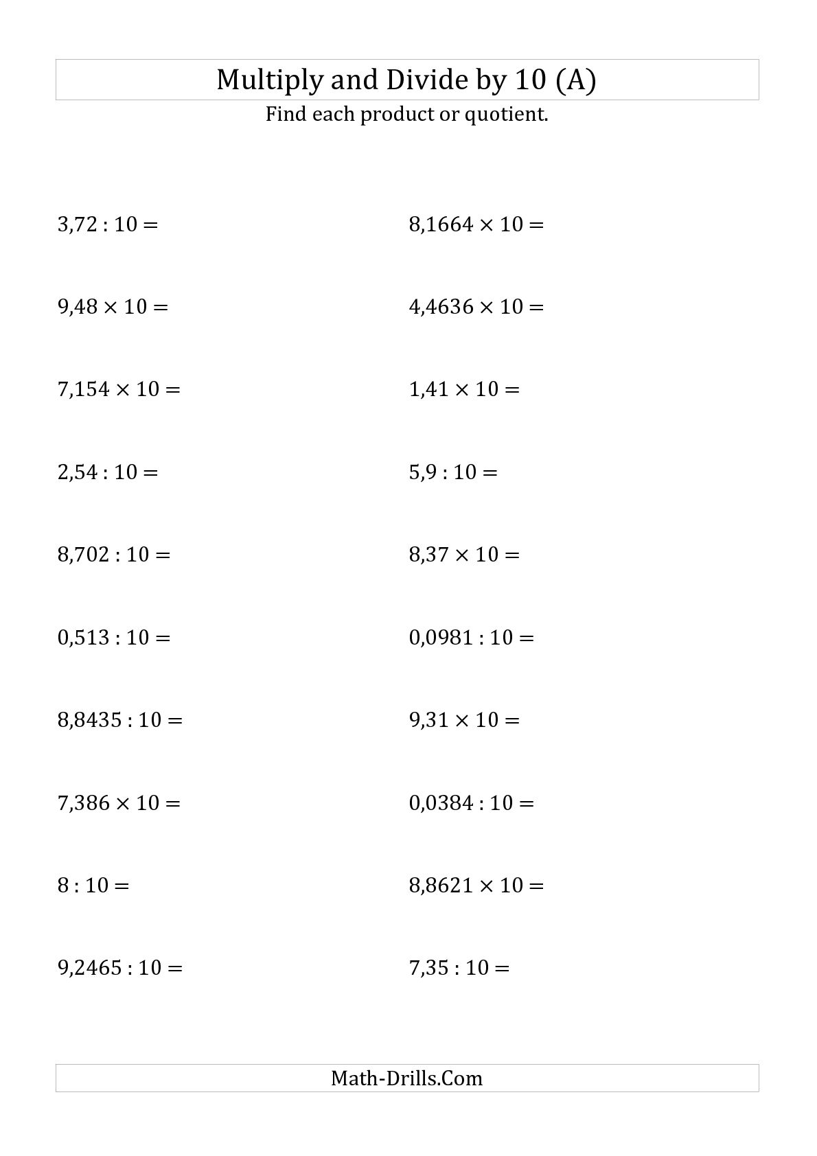 Multiplying Powers of 10 Worksheet