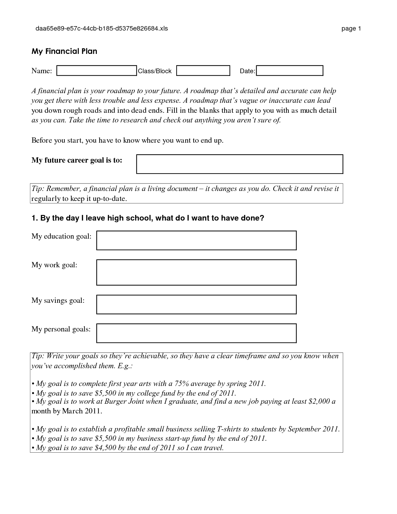 Personal Financial Goals Worksheet