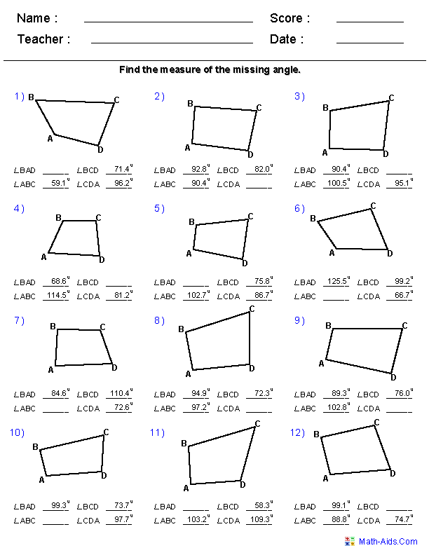 Quadrilateral Angles Worksheet