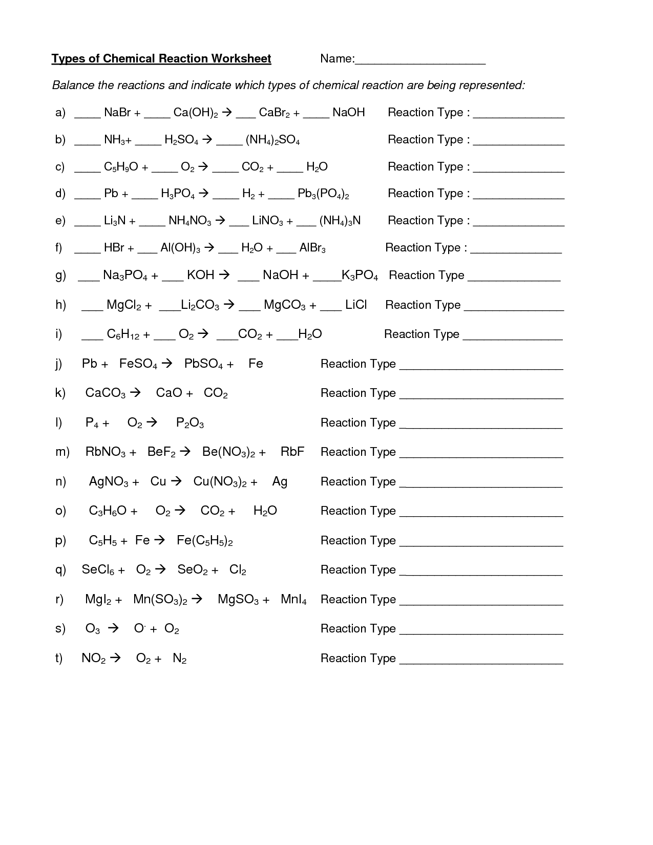 Types Of Reactions Practice Worksheet Answer Key