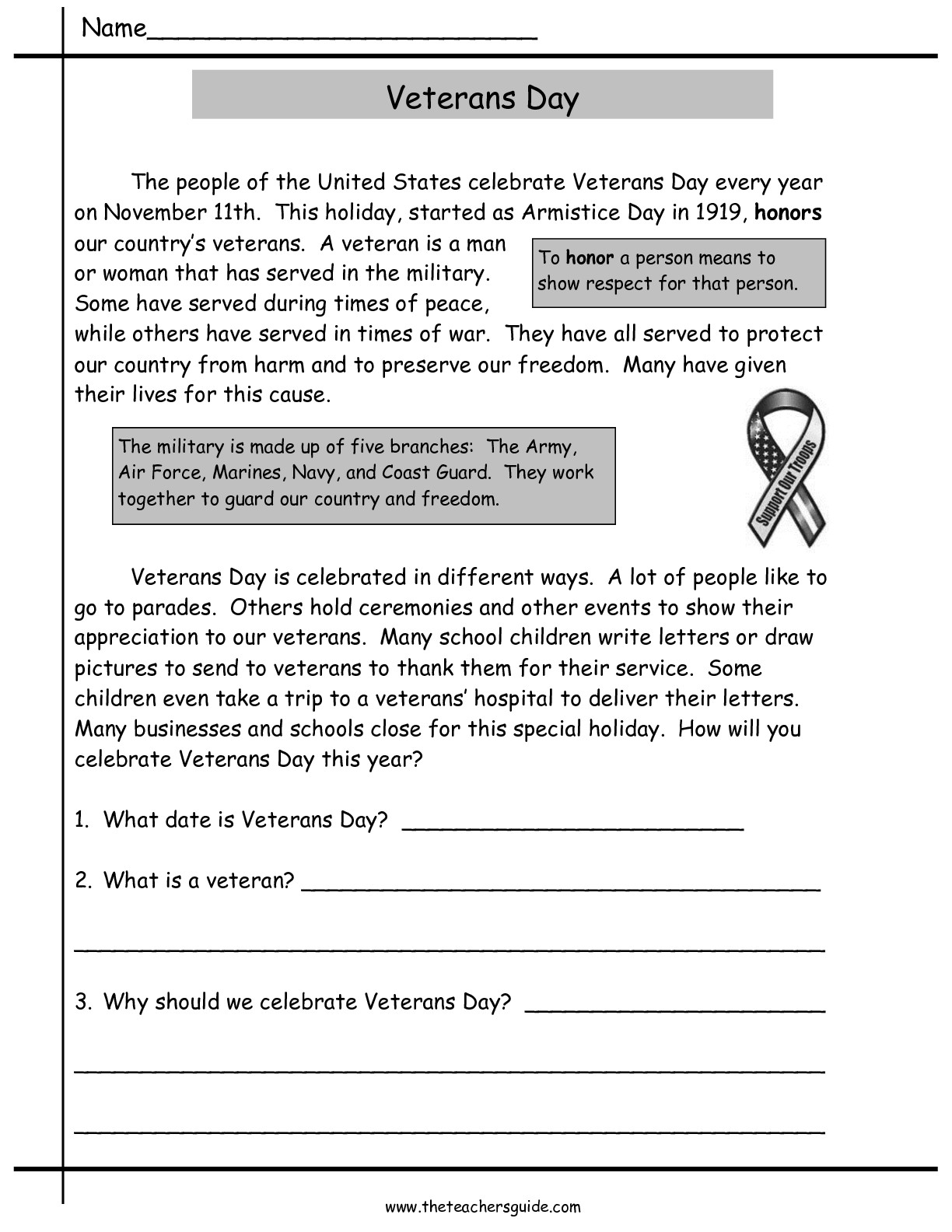 Veterans Day Informational Text Worksheets