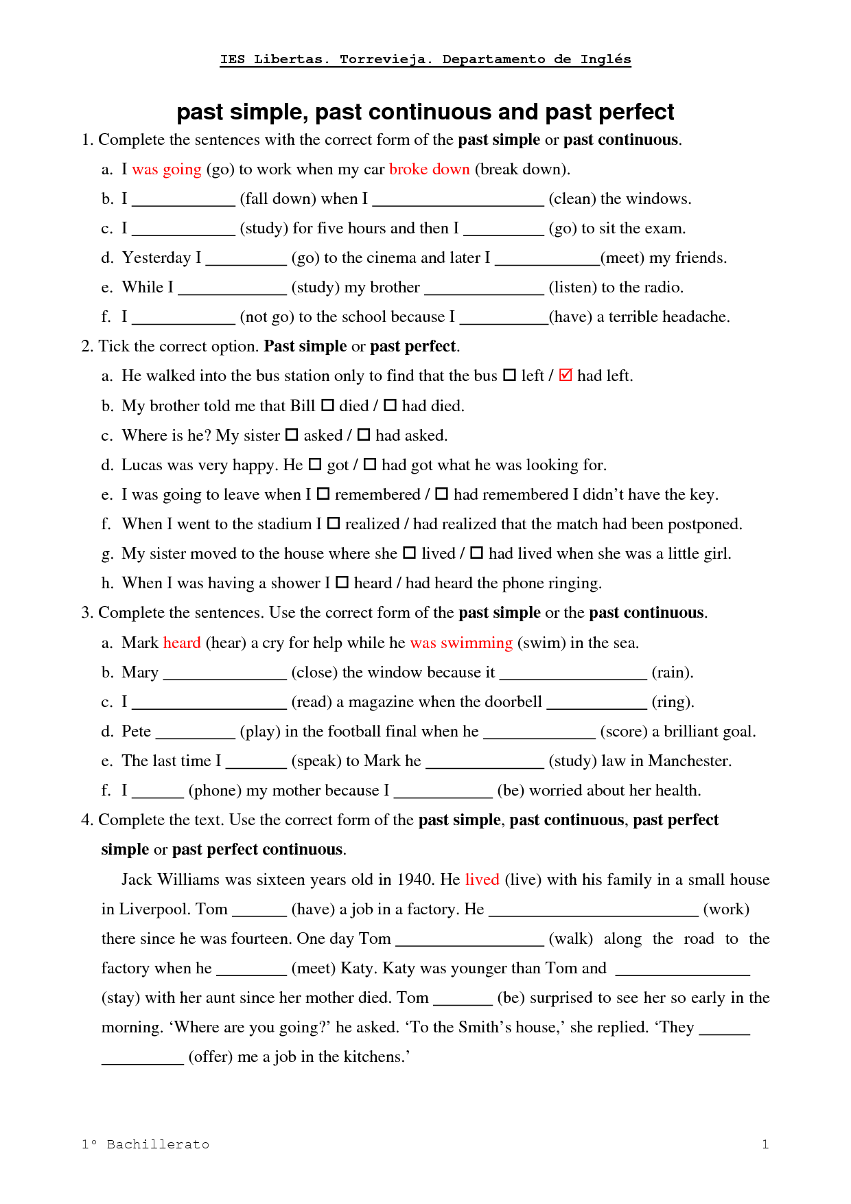 Worksheets Simple Present and Past Perfect Exercises