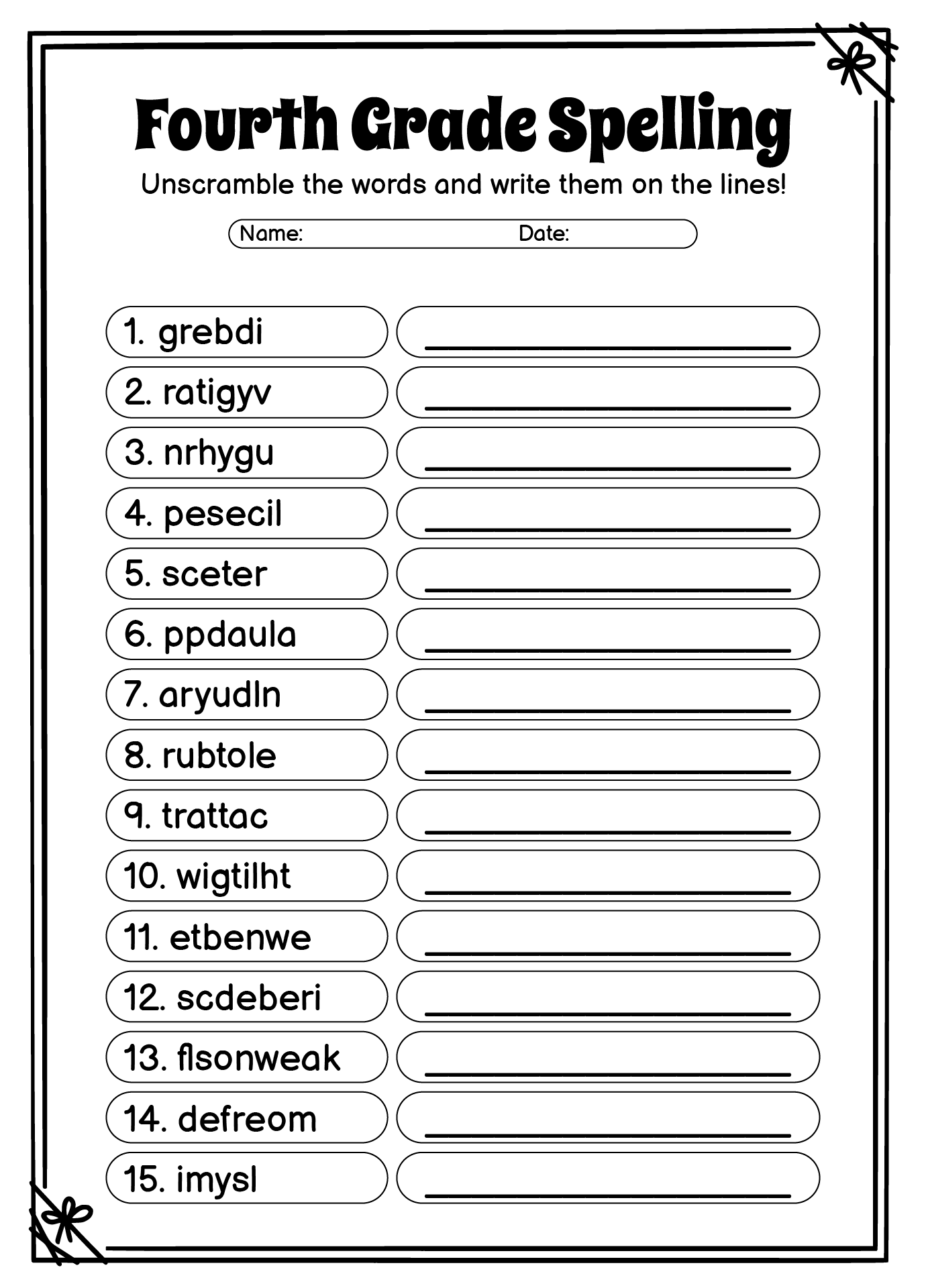 Grade 4 Spelling Words Worksheet