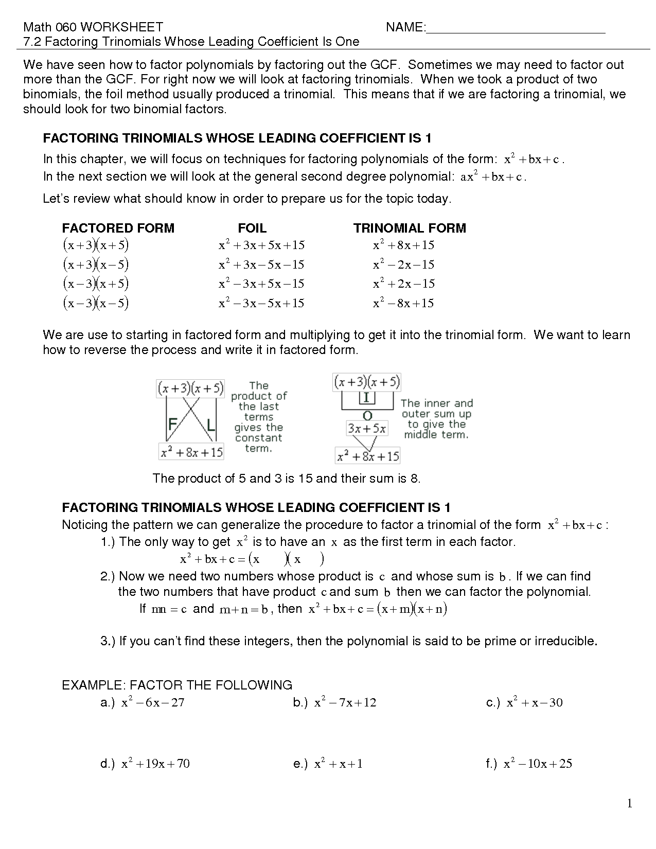 Factoring Trinomials with Leading Coefficient Worksheet