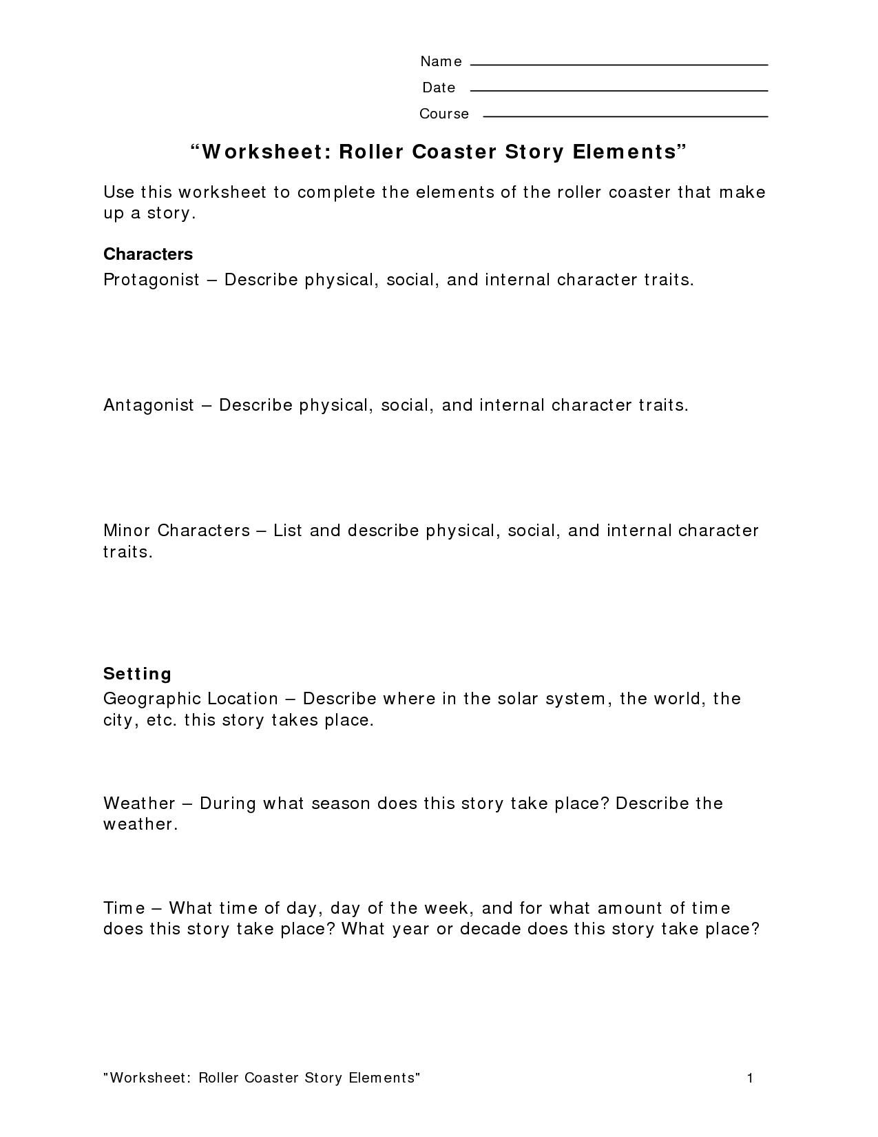 Story Roller Coaster Worksheet