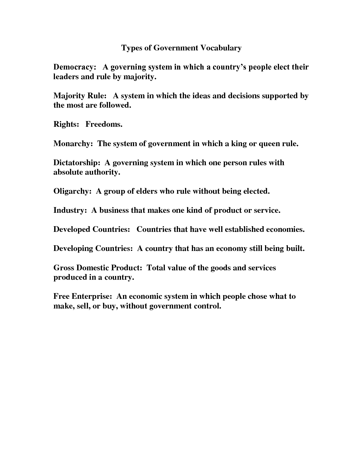 Types of Government Lesson Worksheets