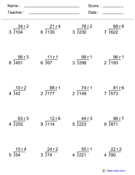 5th Grade Math Long Division Worksheets