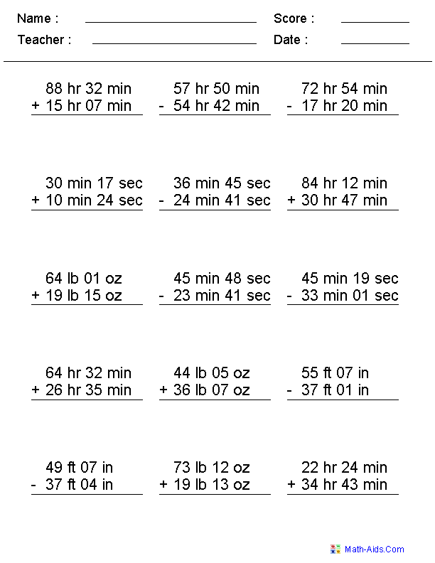 Adding and Subtracting Time Worksheets