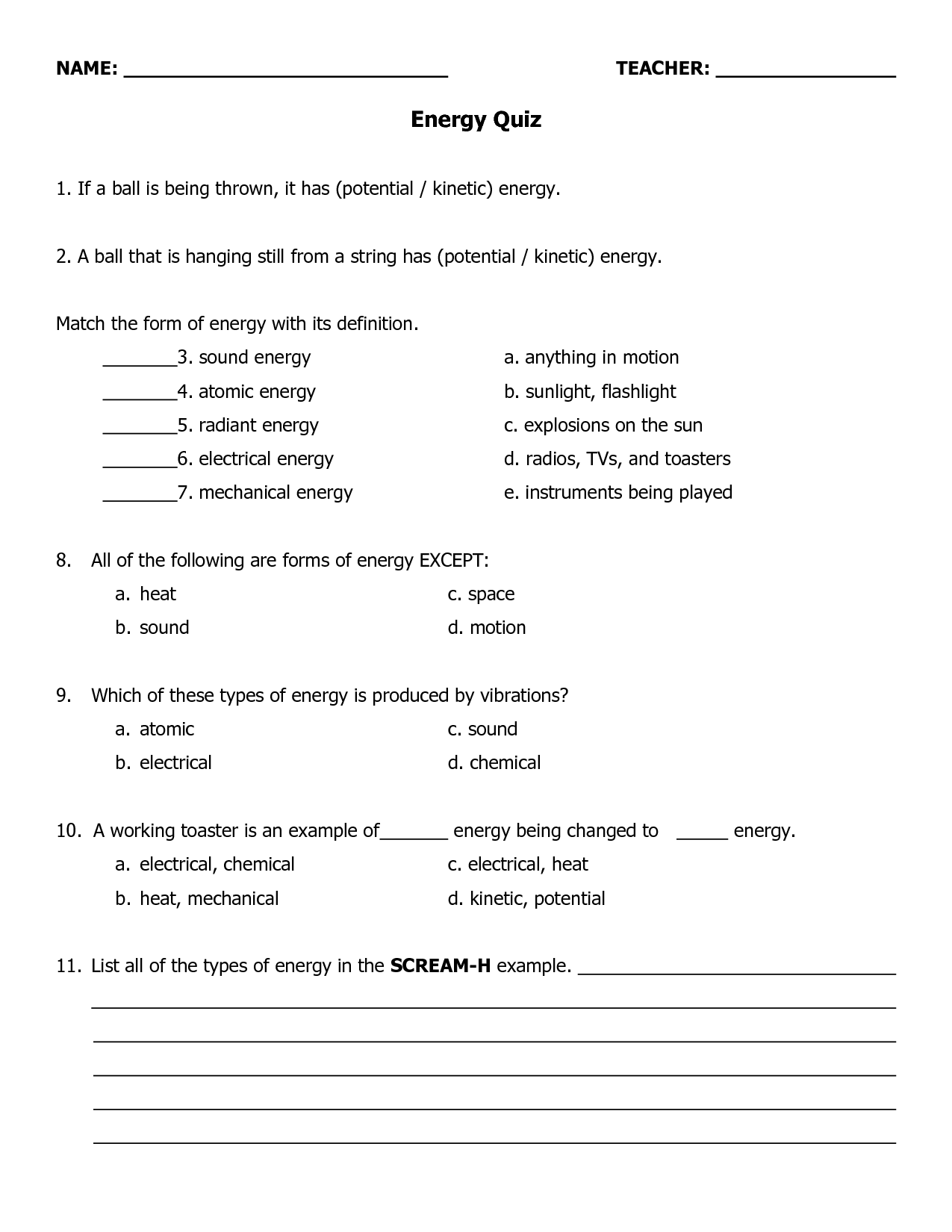 Basic Forms of Energy Worksheets