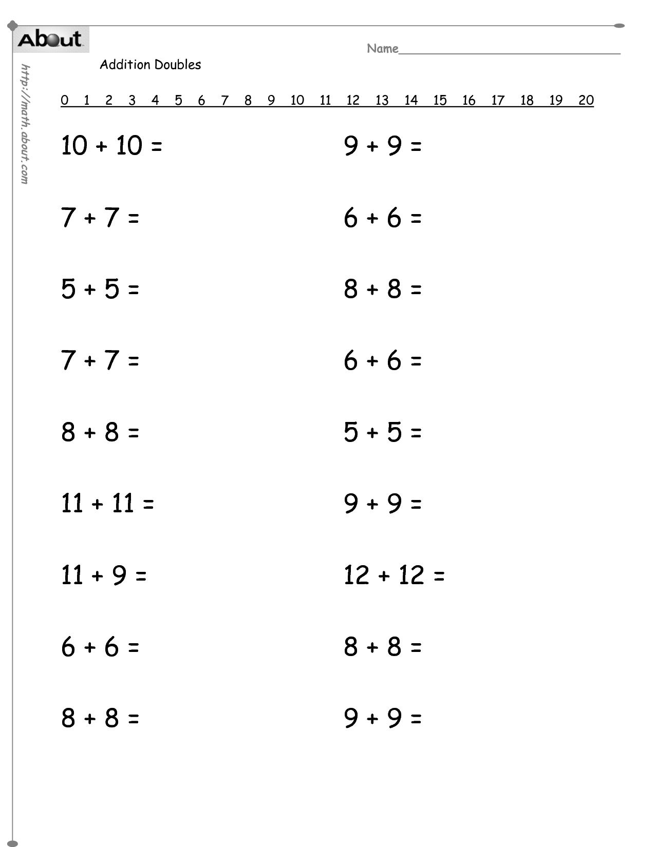 Doubles Math Facts Worksheets