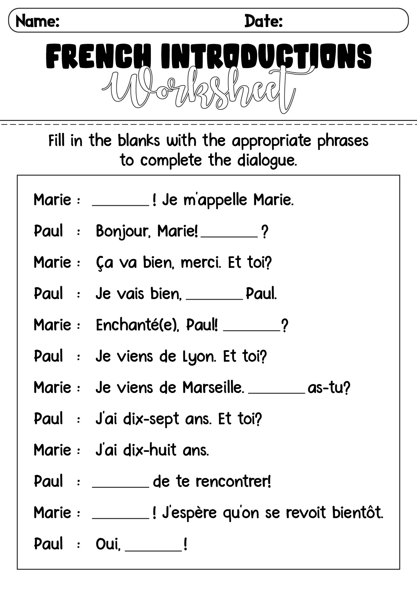 French People Meeting Dialogue Worksheet