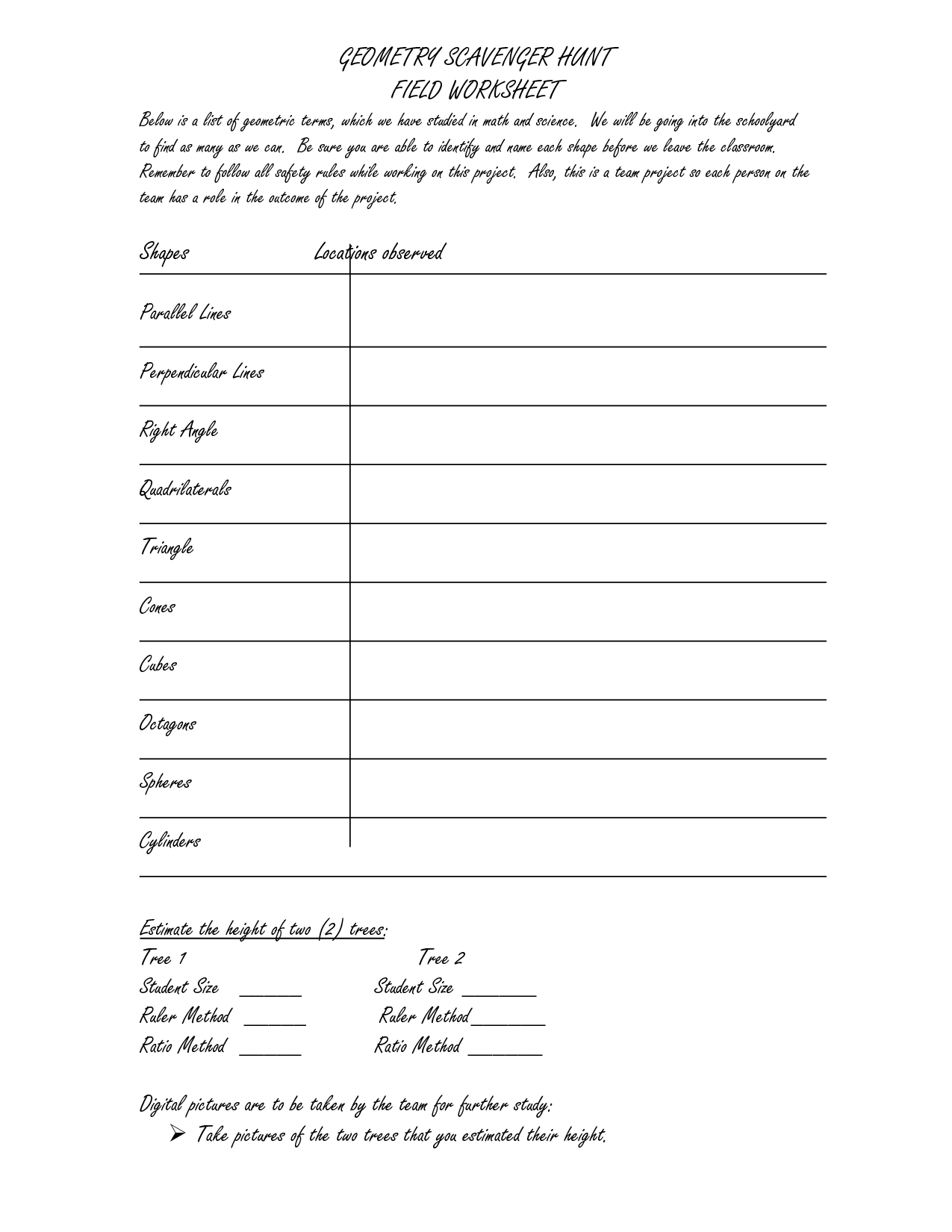 Geometry Scavenger Hunt Worksheet