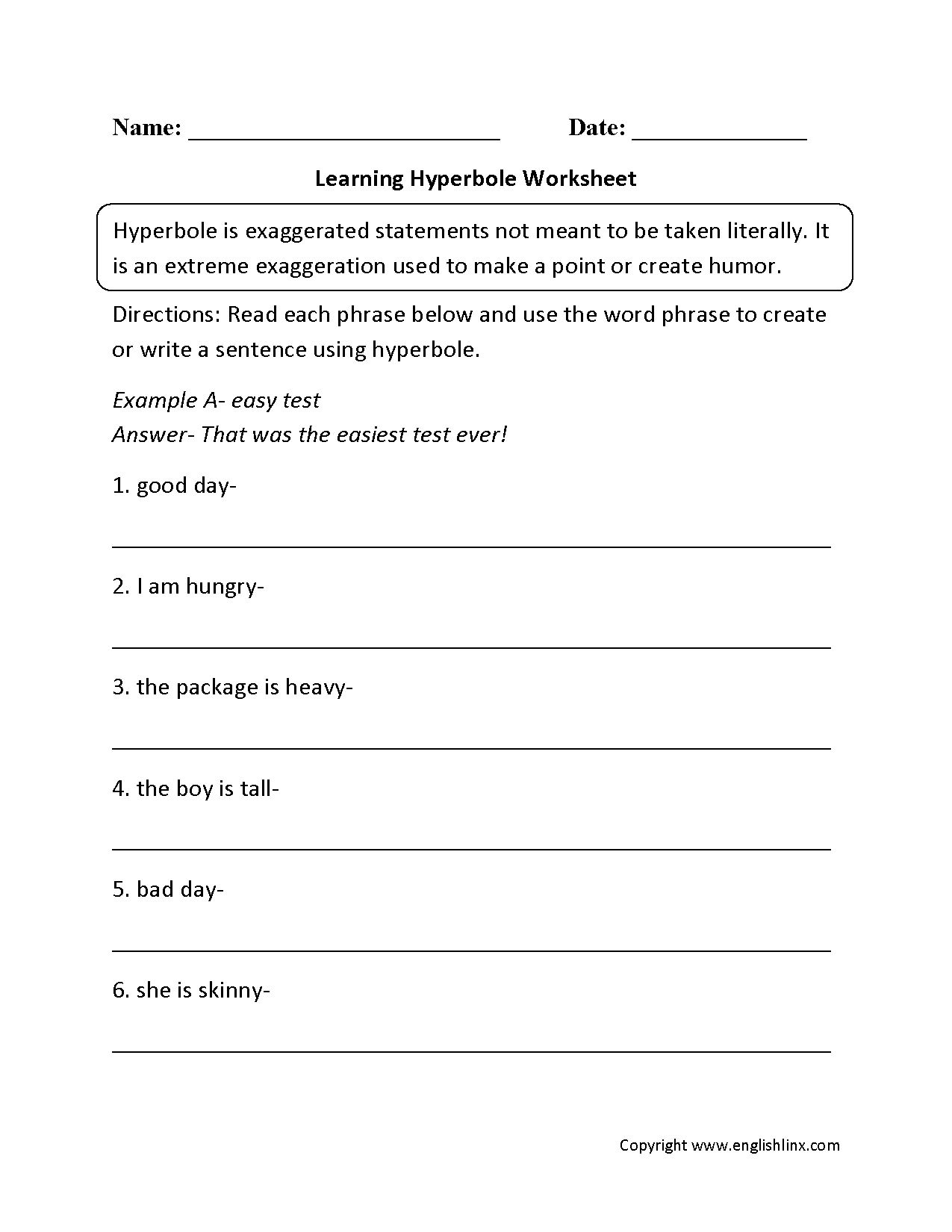 Hyperbole Worksheets 4th Grade