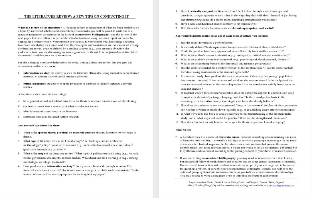 literature review worksheet example