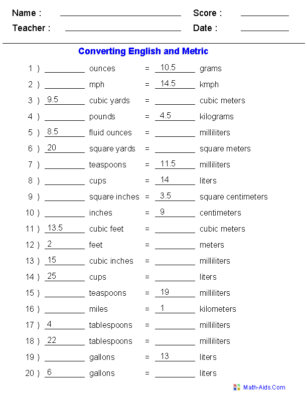 Metric Conversion Worksheet