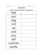 Opposites Worksheets