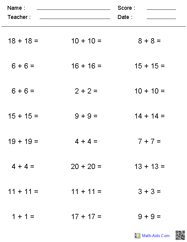 Printable Addition Worksheets Adding Doubles First Grade